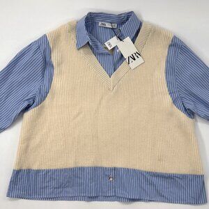 Zara Knit Womens Sweater Shirt Contrast Beige Blue Striped Oversized XS-S NEW